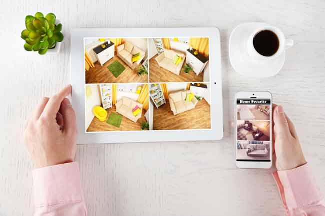 Home security cameras on tablet and smart phone